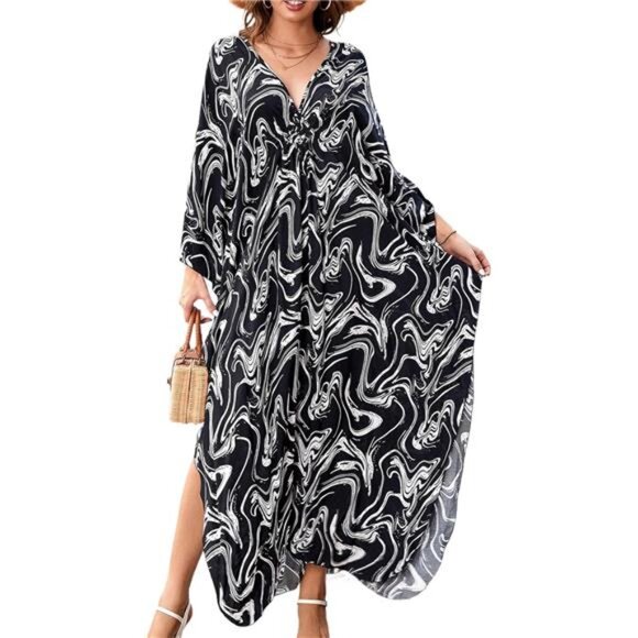 Kaftan Dresses for Women V-Neck Batwing Sleeves Swimsuit Beach Cover Ups Tie - Picture 1 of 6